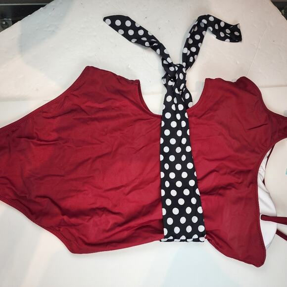New Red Black Polka Dot One Piece Swimsuit 856 Cutouts Side Sash Size L - Picture 4 of 9